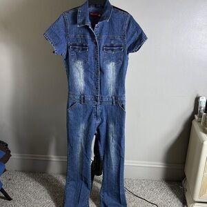 Neeso Jeans Denim Short Sleeve Jumpsuit - Blue Distressed Look Sz 15 Juniors